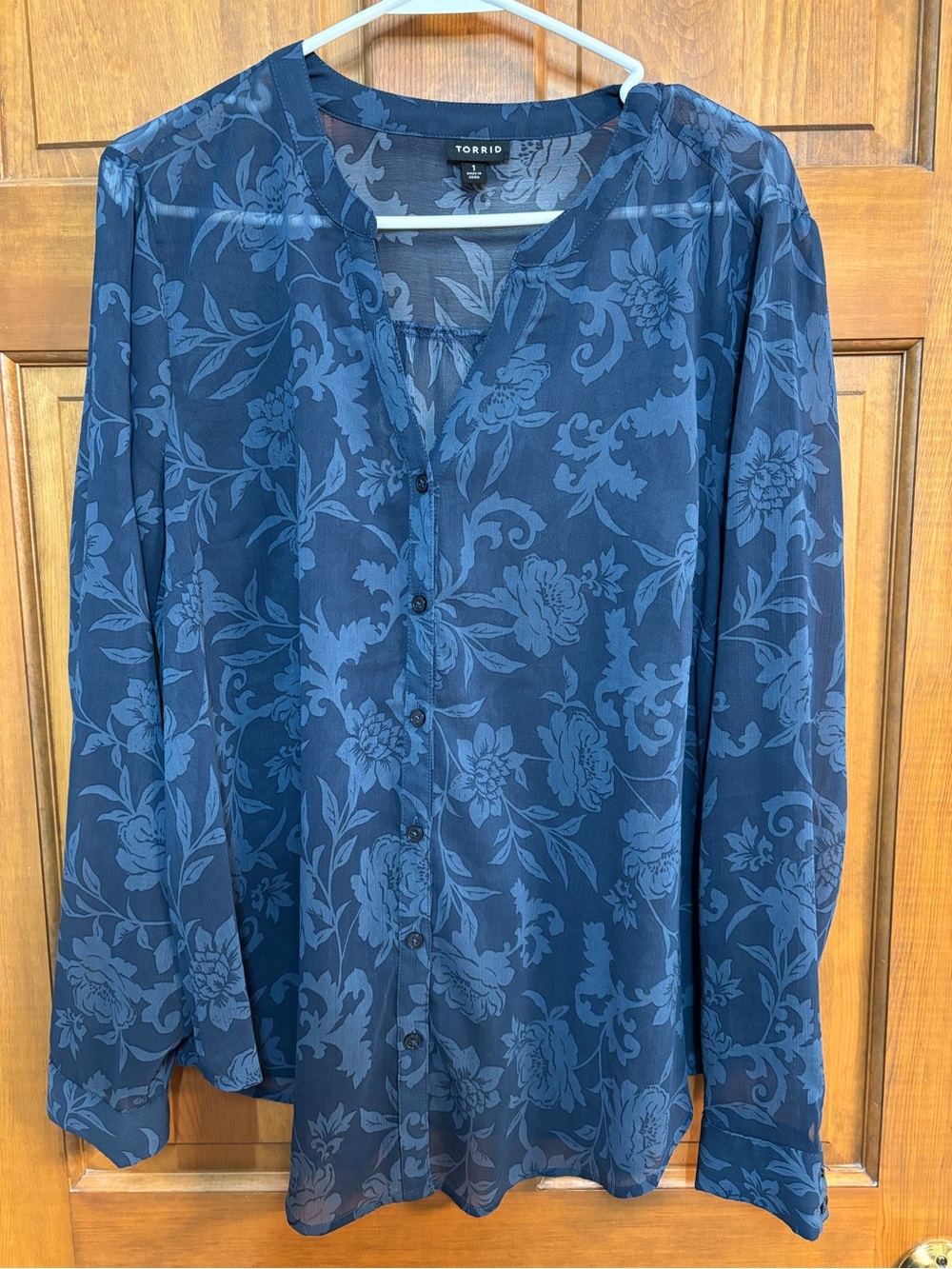 Torrid size 1 long sleeve collarless blouse in blue floral sheer